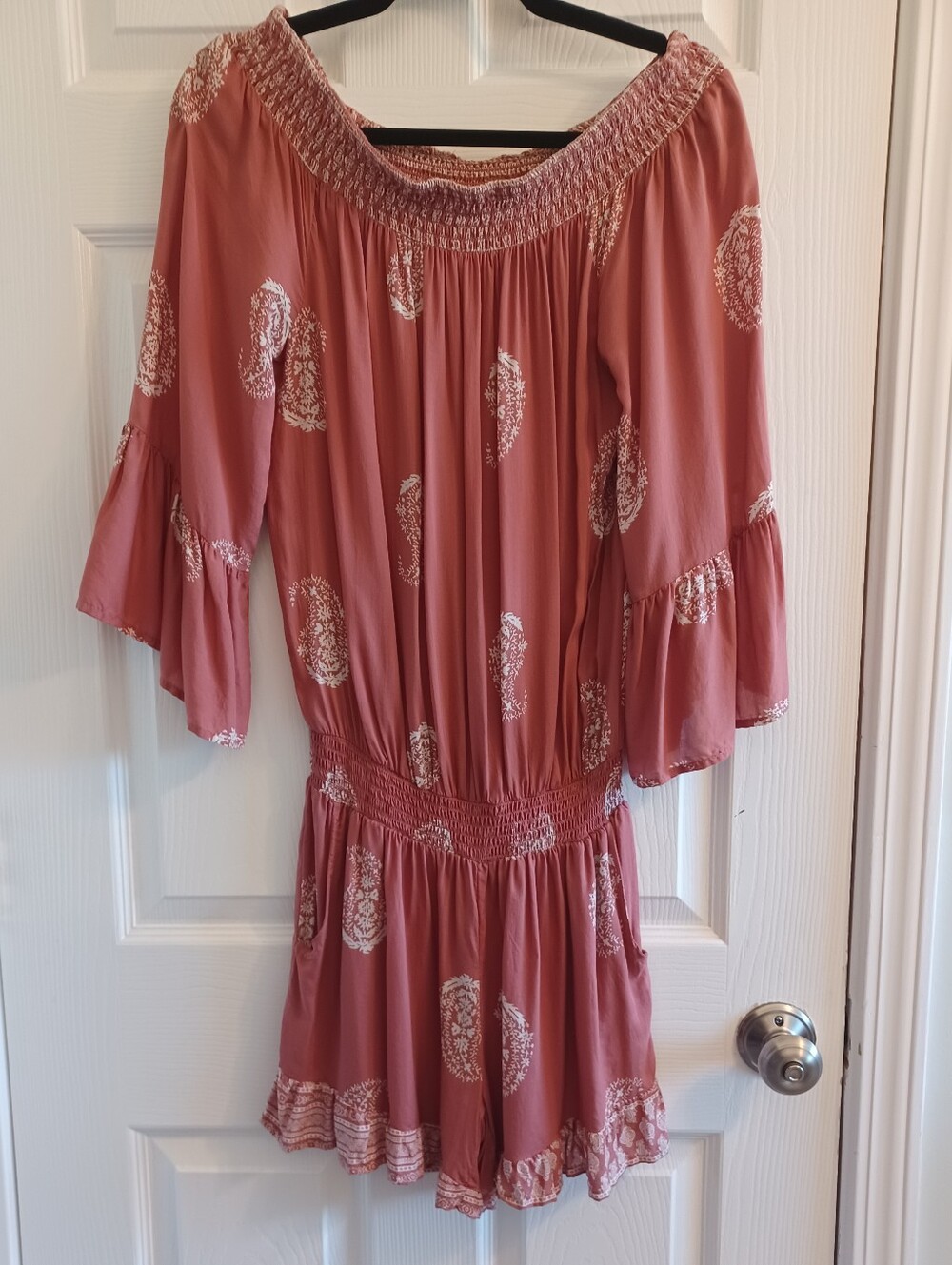 Women's Off-Shoulder Dusty Rose Romper Bell Sleeve Lightweight Festival Boho